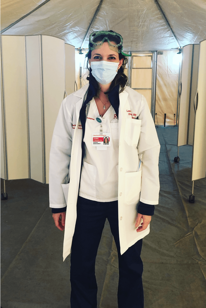 Lauren Stoerger, nurse at NY presbyterian, in PPE at a COVID ICU tent